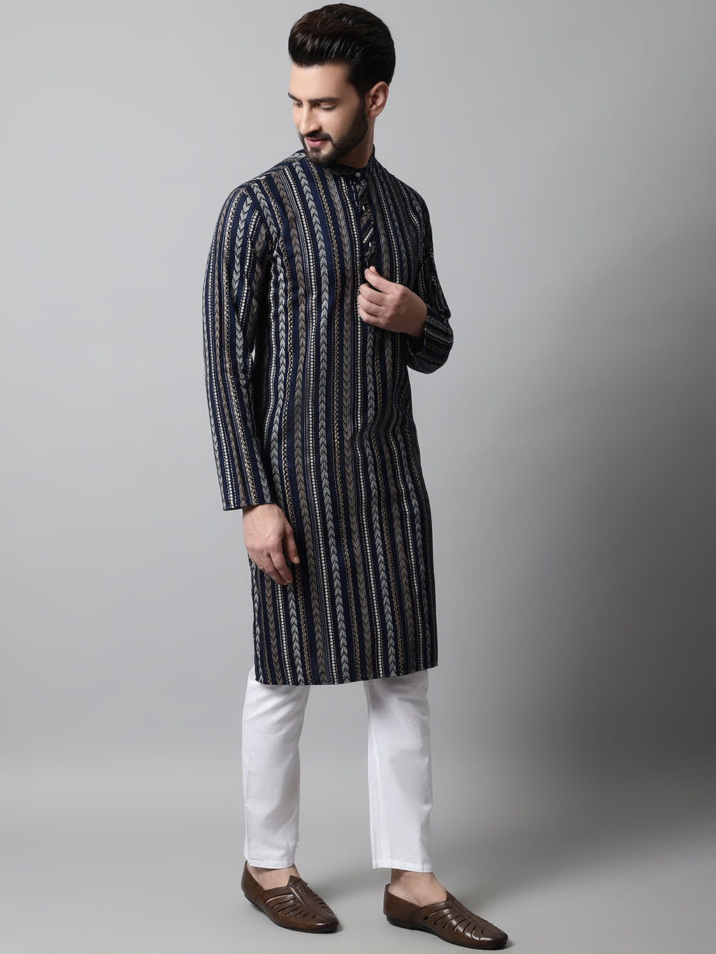 Jompers Men's Navy Blue Foil Printed Kurta with Churidar