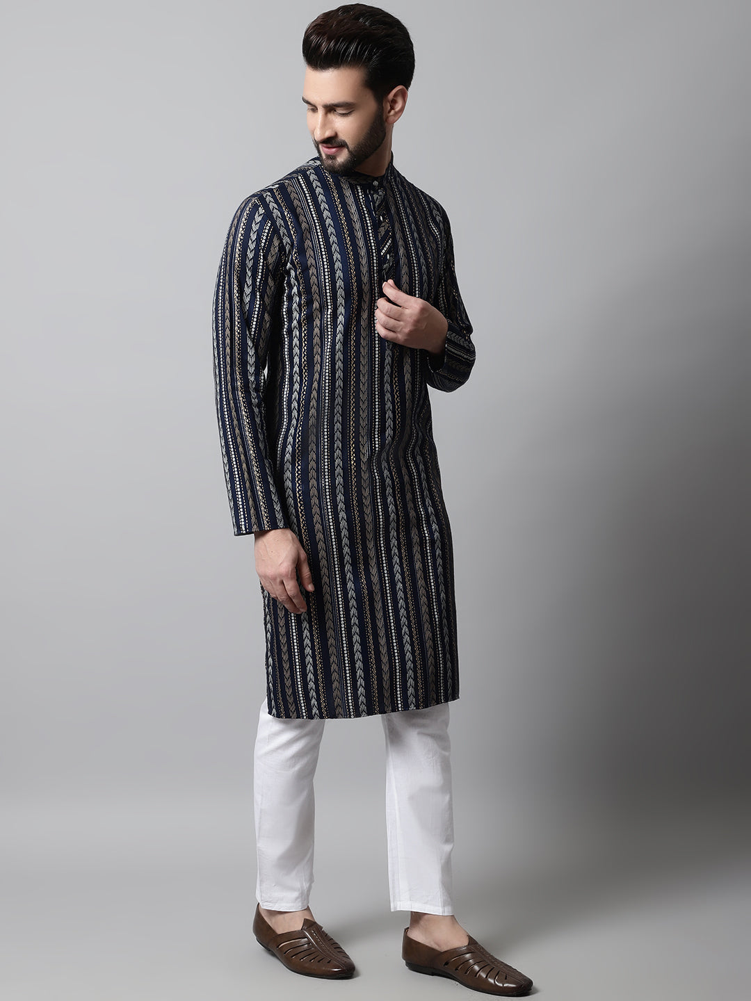 Jompers Men's Navy Blue Foil Printed Kurta with Churidar