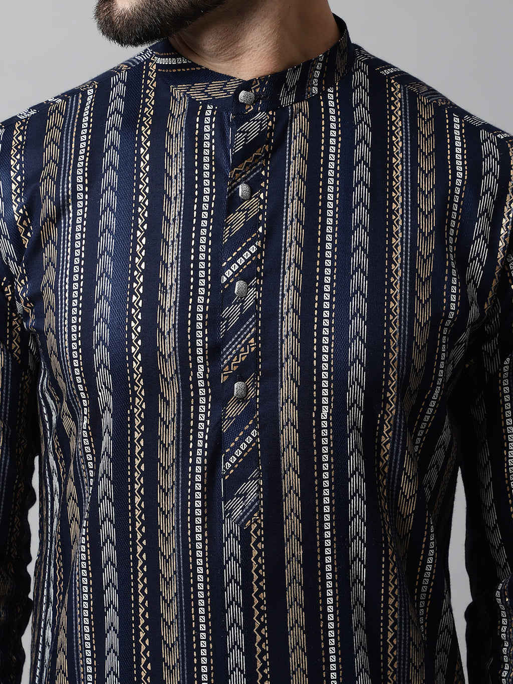 Jompers Men's Navy Blue Foil Printed Kurta with Churidar