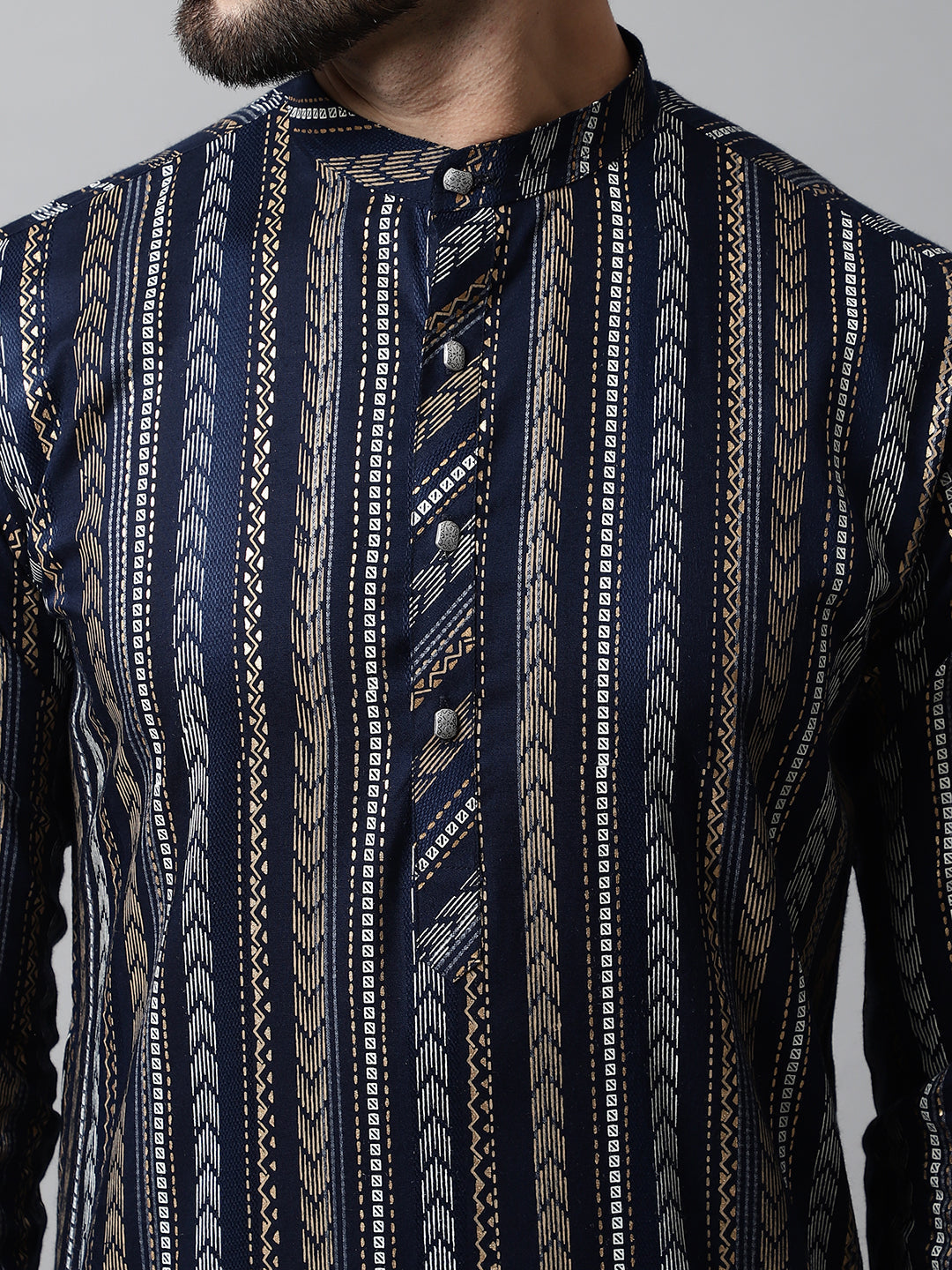 Jompers Men's Navy Blue Foil Printed Kurta with Churidar