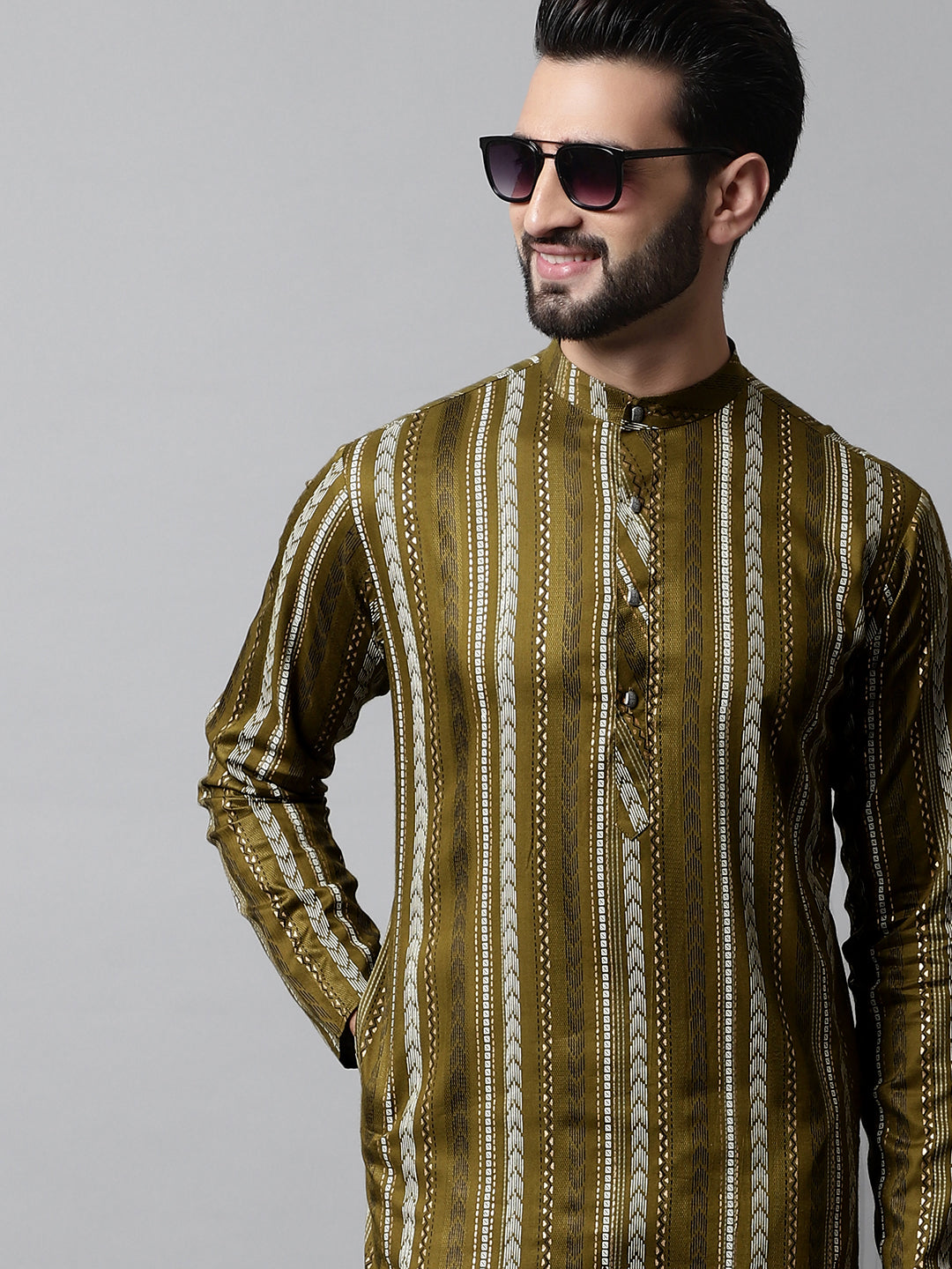 Jompers Men's Olive Green Foil Printed Kurta with Churidar