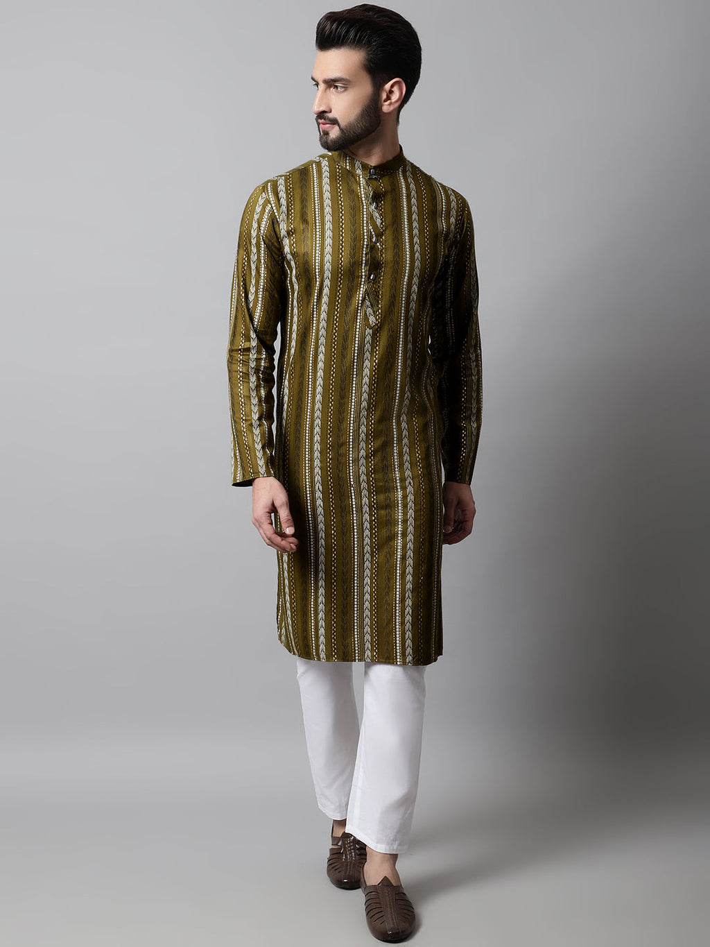 Jompers Men's Olive Green Foil Printed Kurta with Churidar