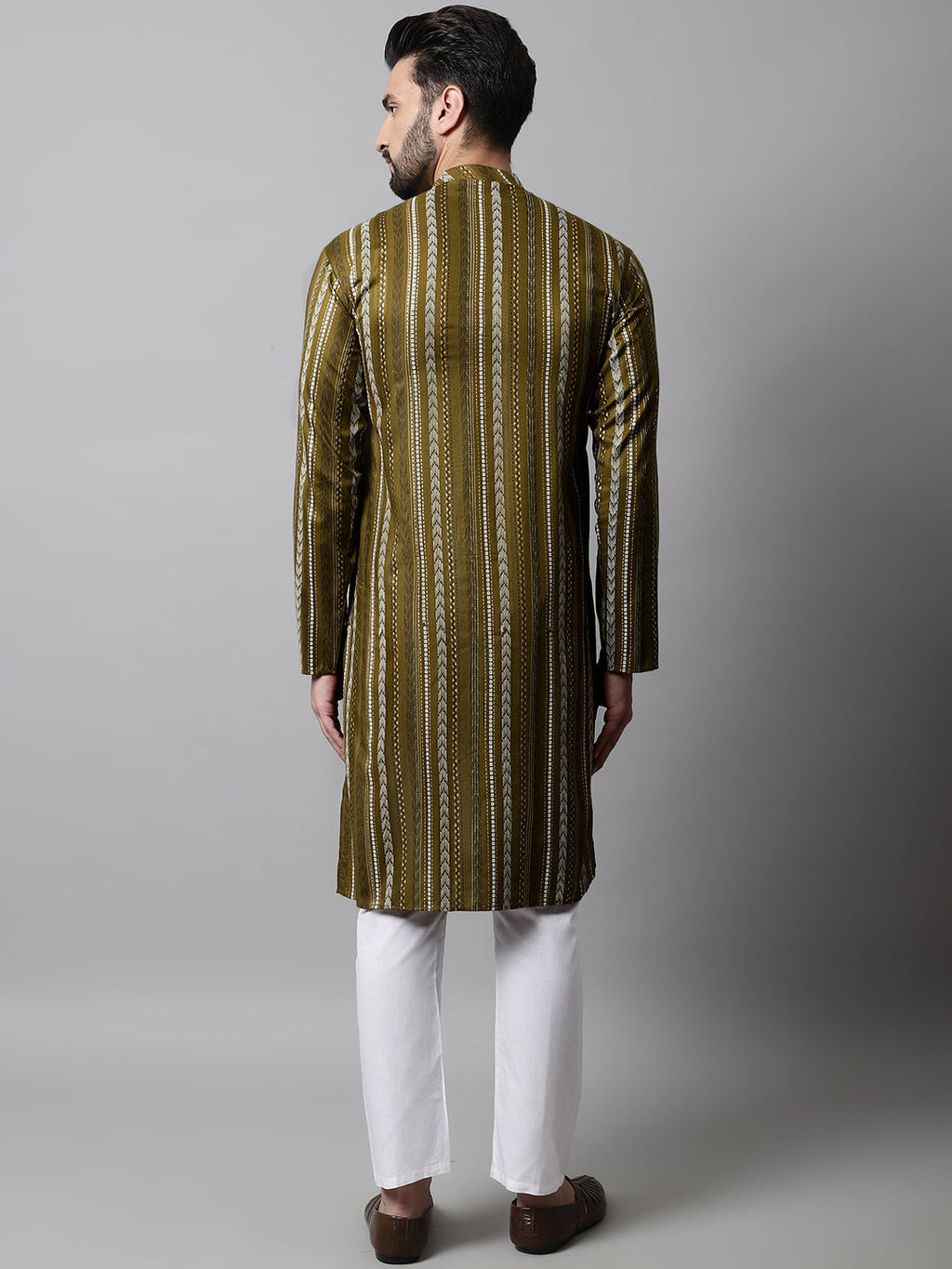 Jompers Men's Olive Green Foil Printed Kurta with Churidar