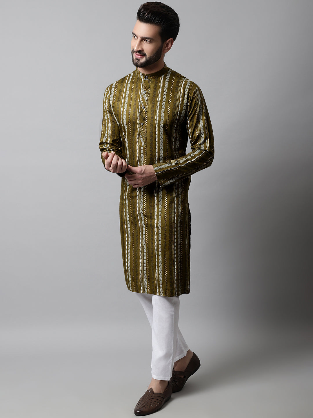 Jompers Men's Olive Green Foil Printed Kurta with Churidar
