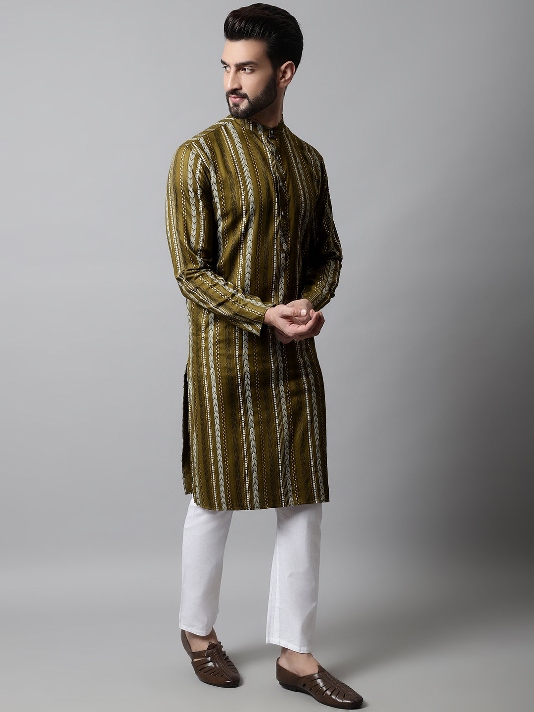 Jompers Men's Olive Green Foil Printed Kurta with Churidar