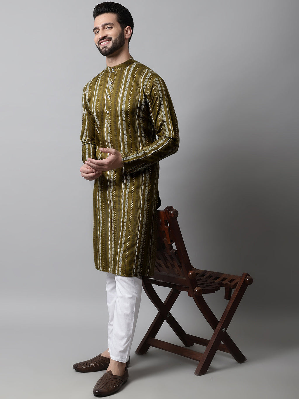 Jompers Men's Olive Green Foil Printed Kurta with Churidar