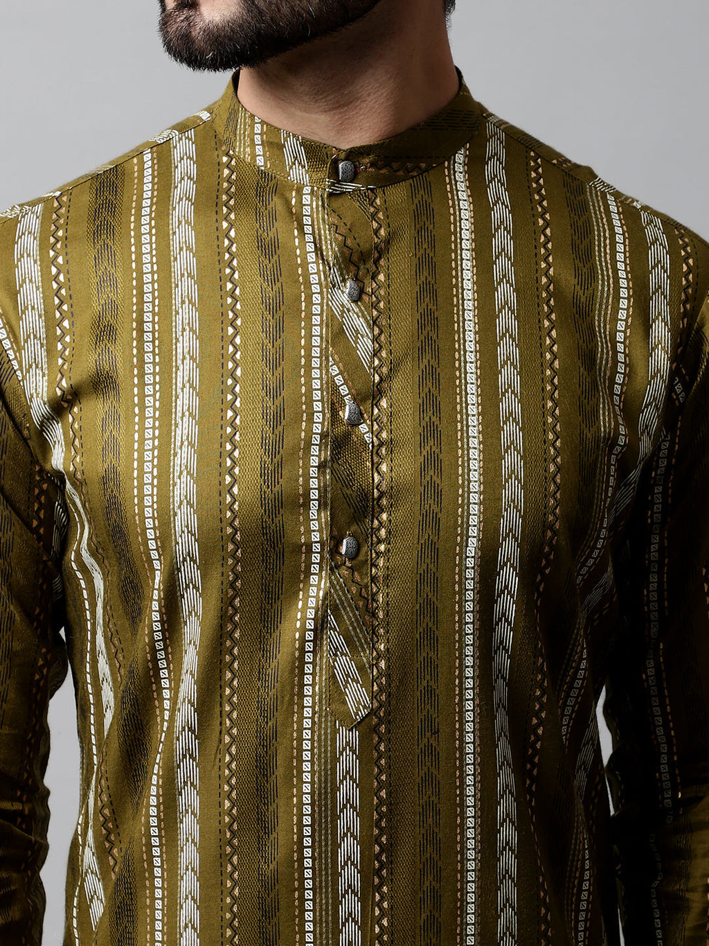 Jompers Men's Olive Green Foil Printed Kurta with Churidar