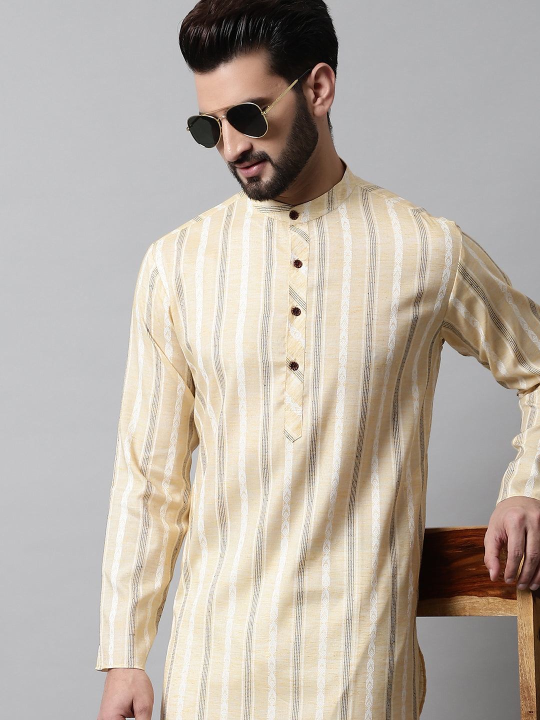 Jompers Men's Beige Geomatric Printed Kurta with Churidar