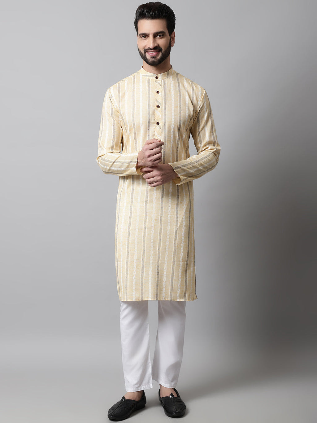Jompers Men's Beige Geomatric Printed Kurta with Churidar