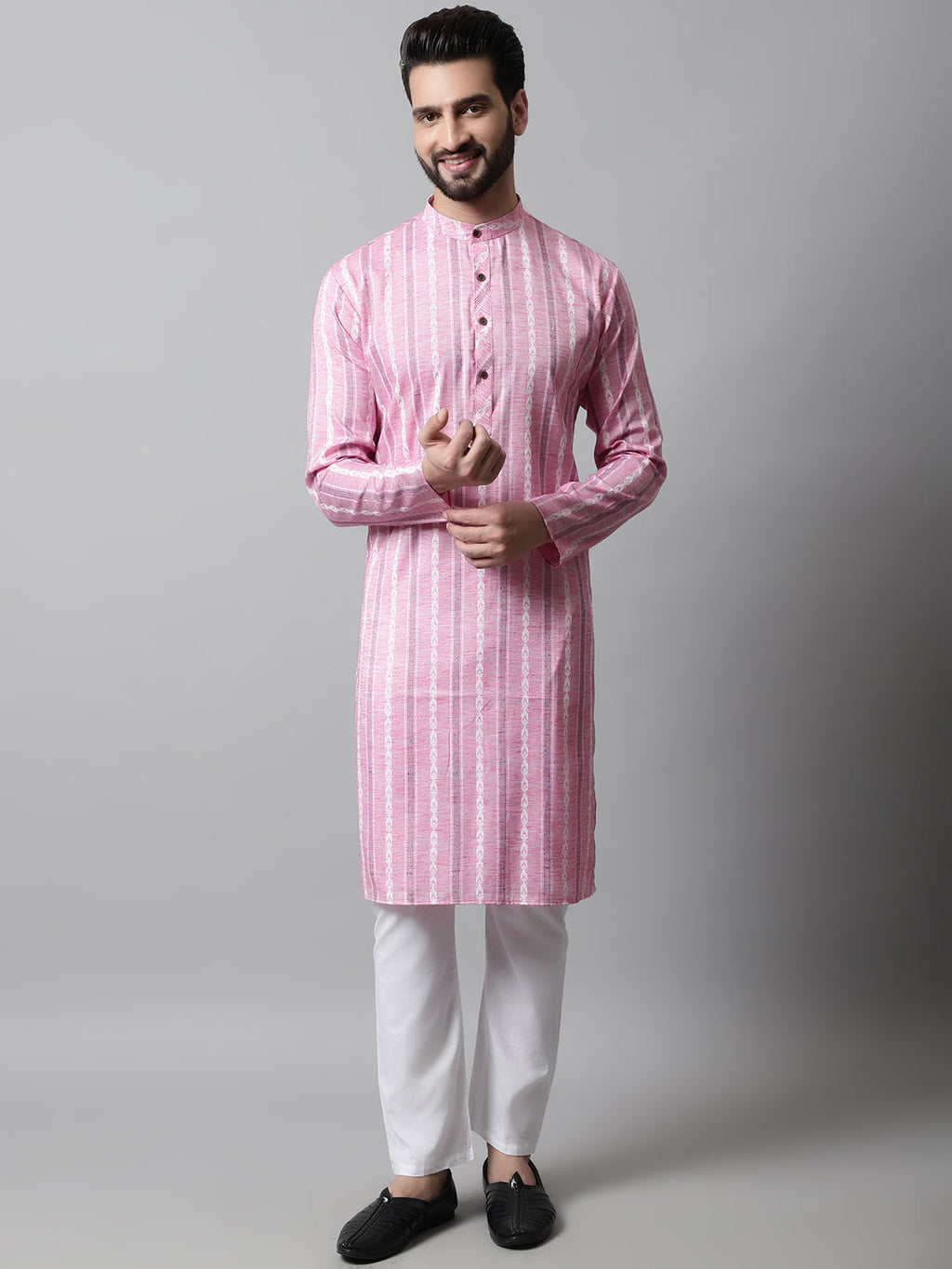 Jompers Men's Pink Geomatric Printed Kurta with Churidar