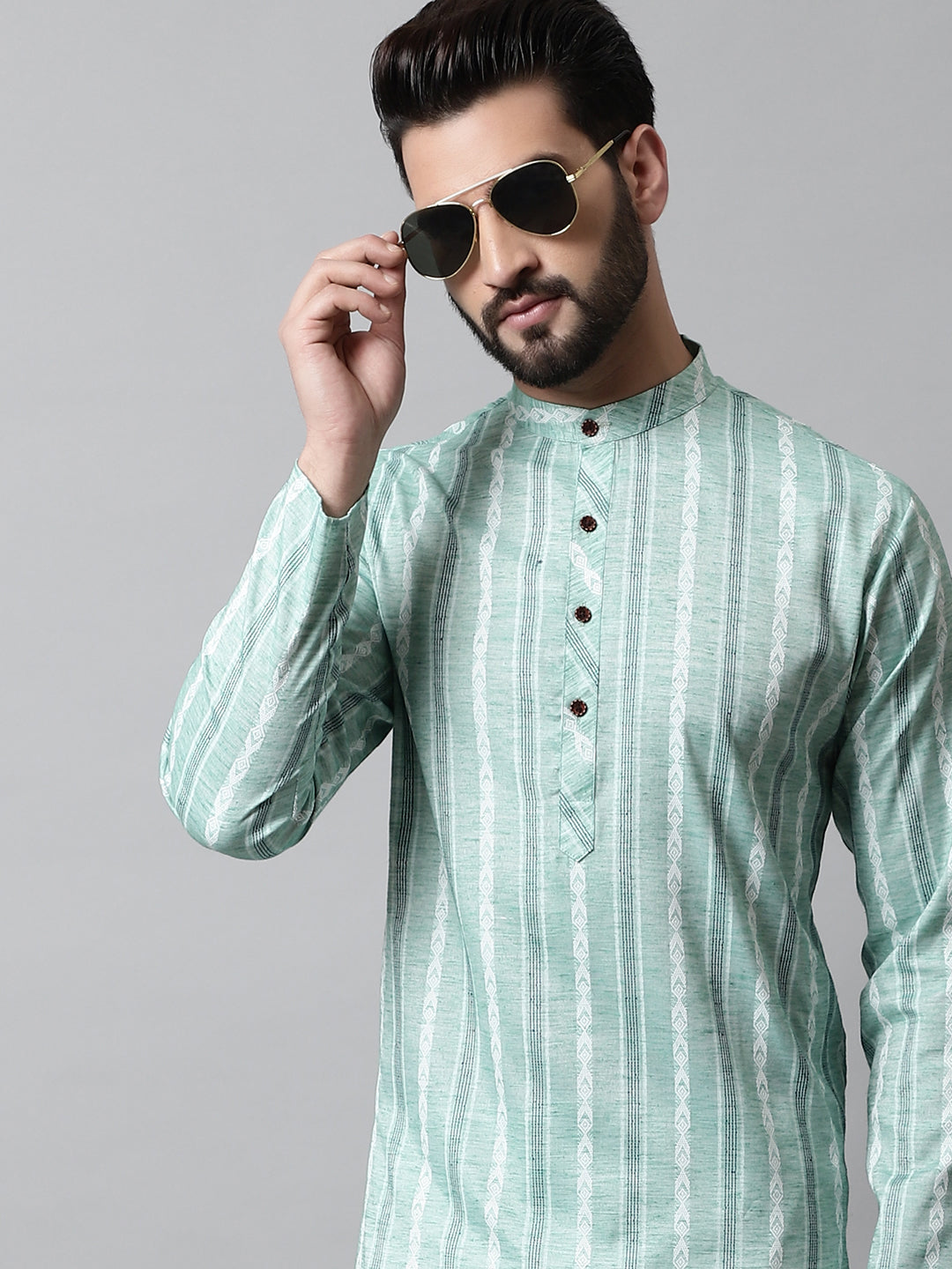 Jompers Men's Sky Blue Geomatric Printed Kurta with Churidar