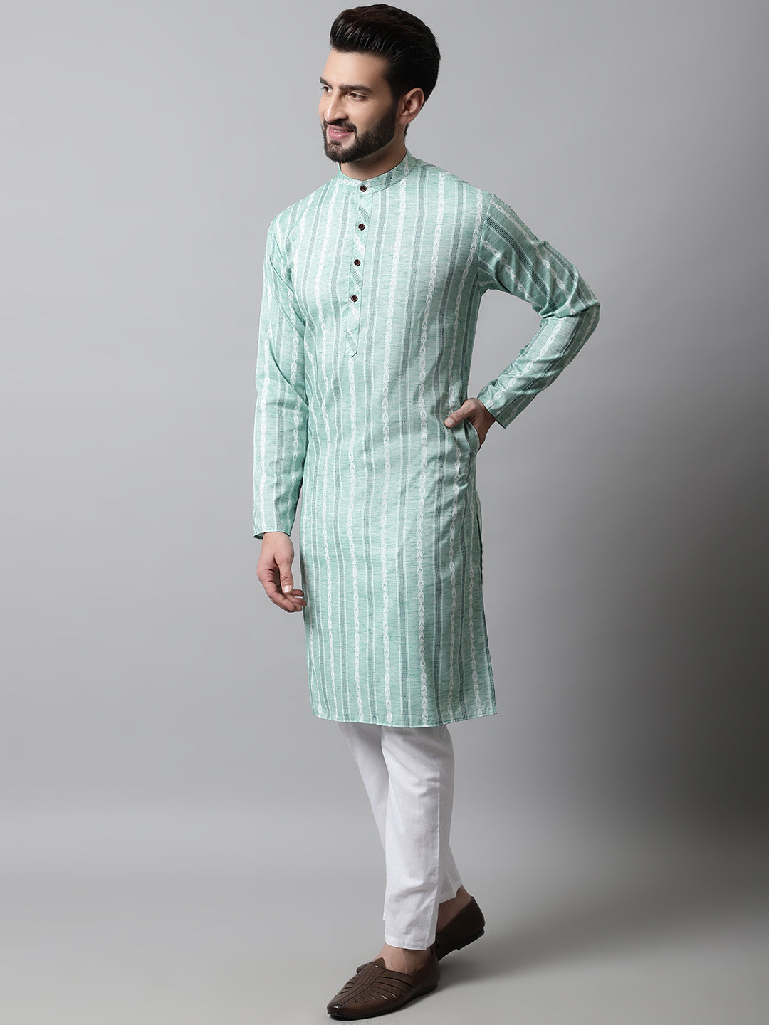 Jompers Men's Sky Blue Geomatric Printed Kurta with Churidar