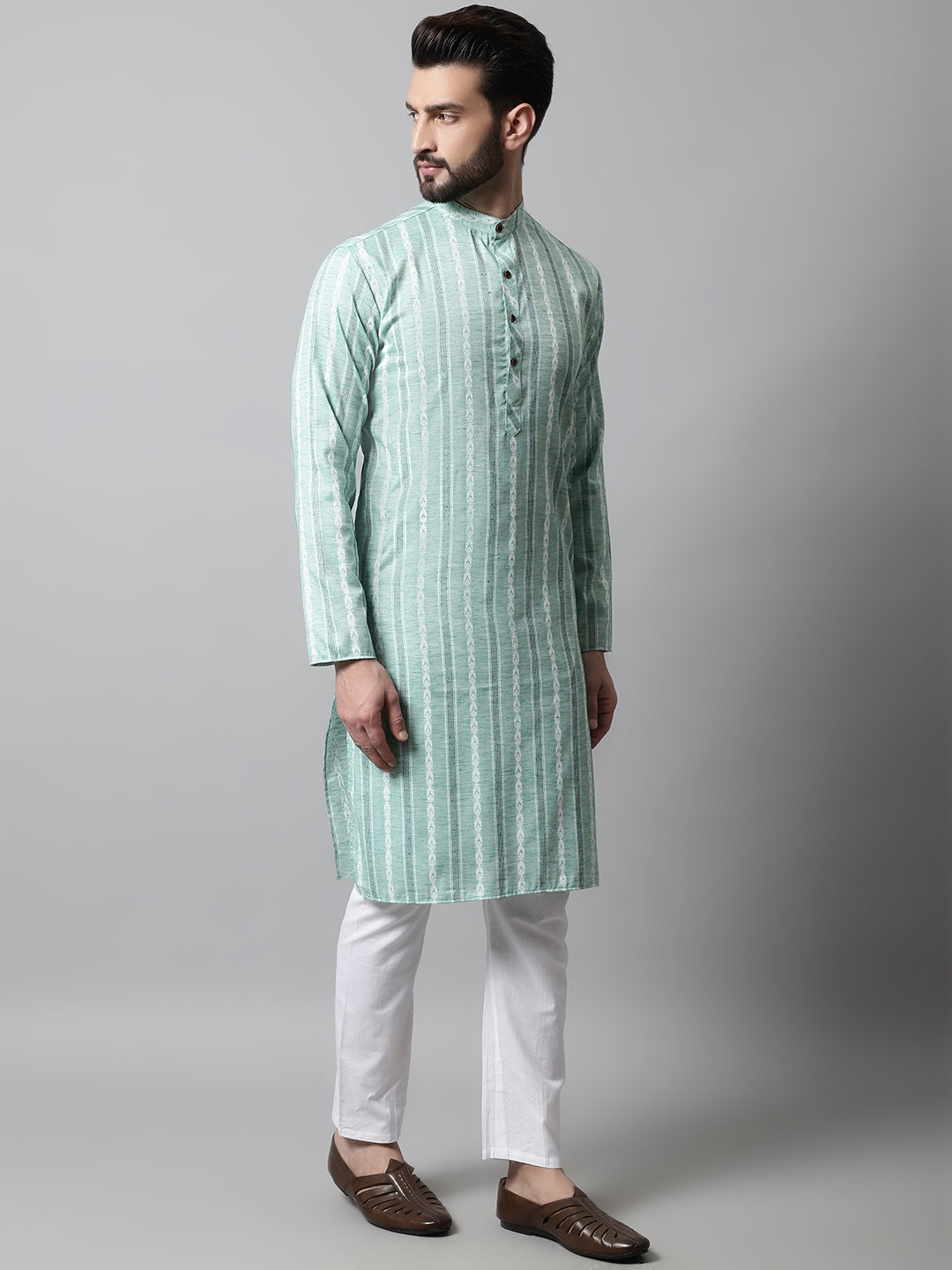 Jompers Men's Sky Blue Geomatric Printed Kurta with Churidar