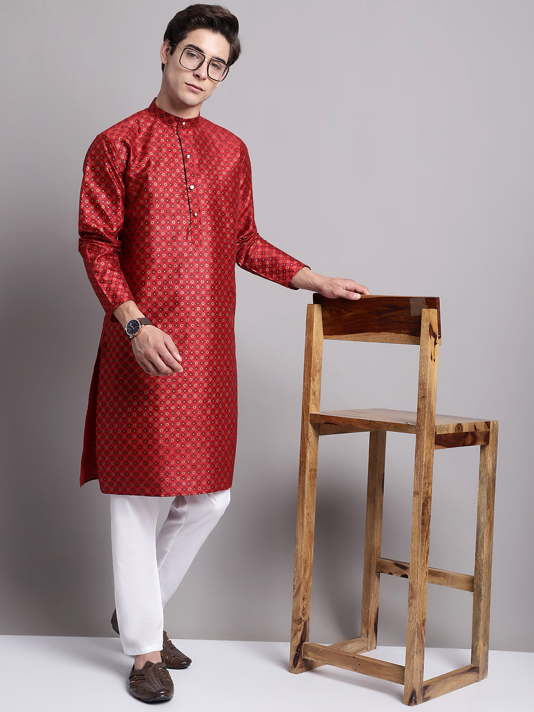Jompers Men's Maroon Printed Silk Blend Kurta Payjama