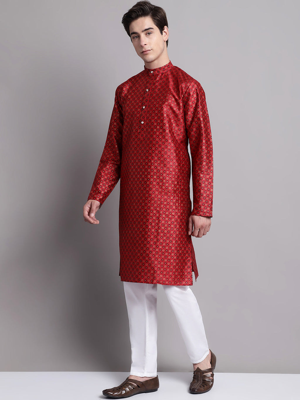 Jompers Men's Maroon Printed Silk Blend Kurta Payjama