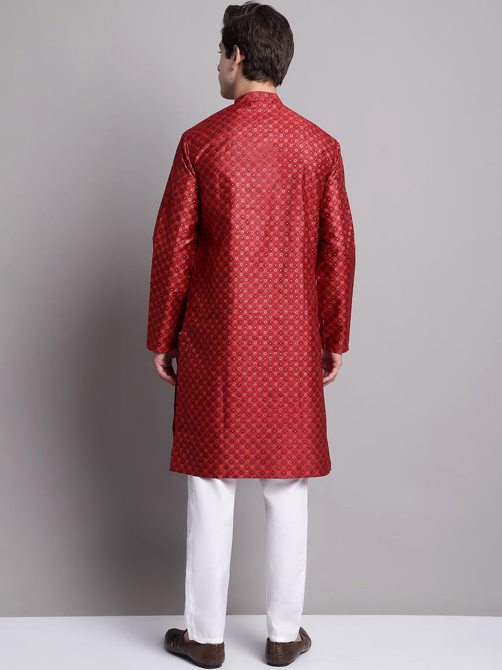 Jompers Men's Maroon Printed Silk Blend Kurta Payjama