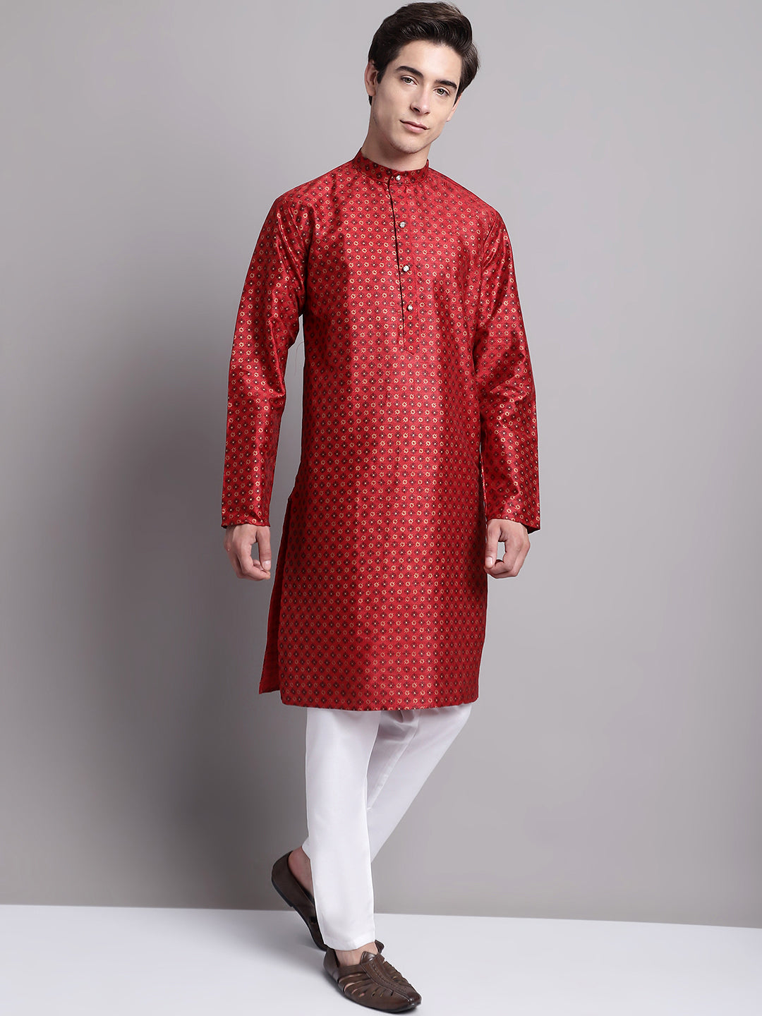 Jompers Men's Maroon Printed Silk Blend Kurta Payjama