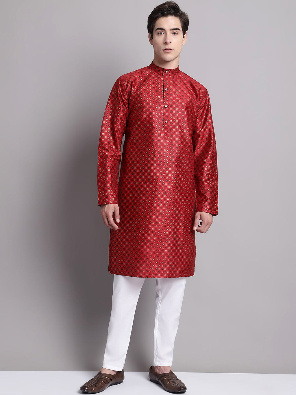 Jompers Men's Maroon Printed Silk Blend Kurta Payjama