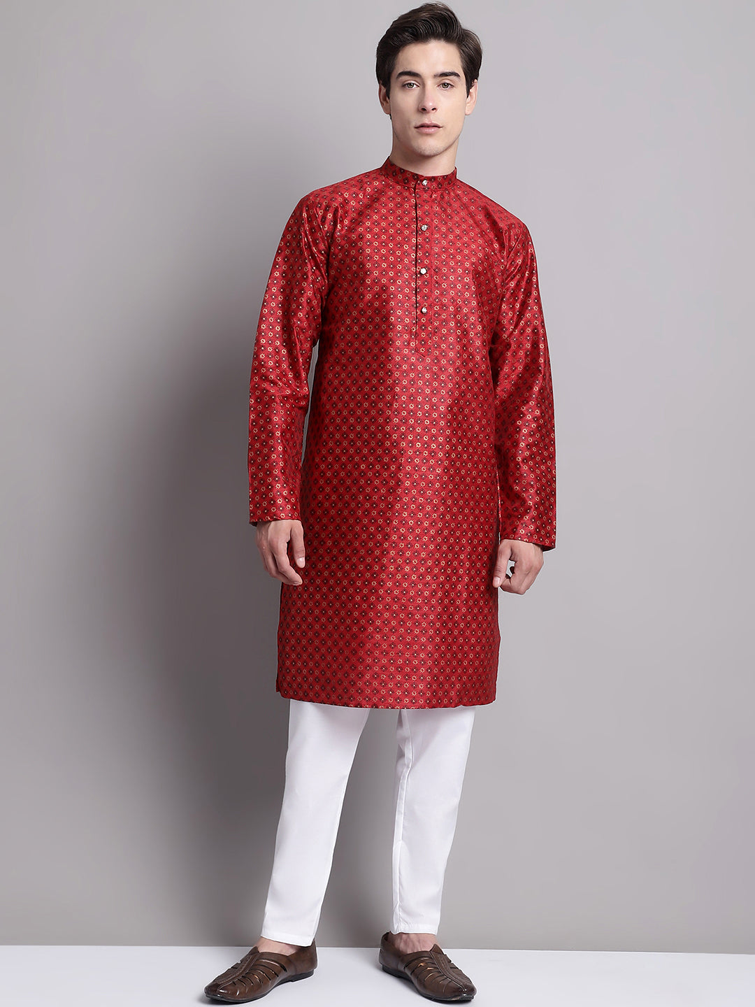 Jompers Men's Maroon Printed Silk Blend Kurta Payjama