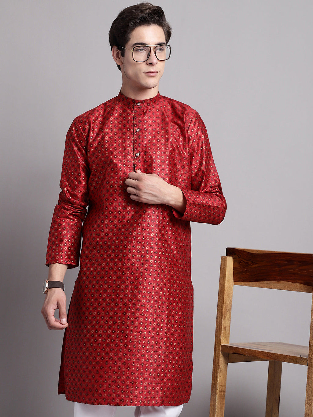 Jompers Men's Maroon Printed Silk Blend Kurta Payjama