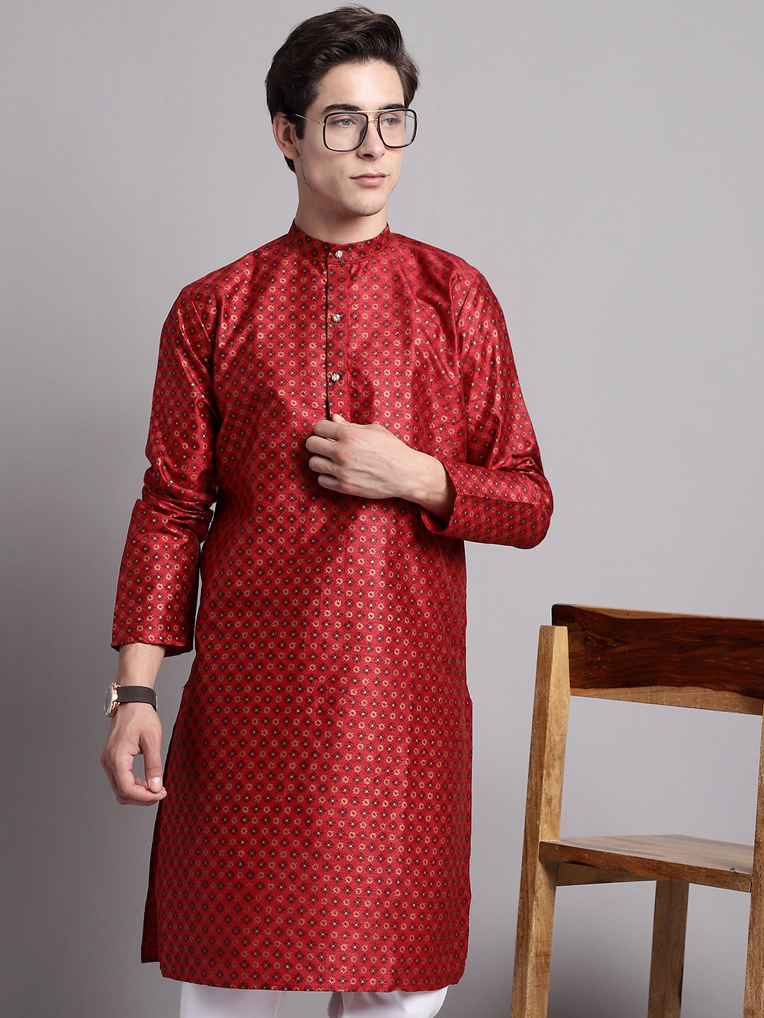 Jompers Men's Maroon Printed Silk Blend Kurta Payjama