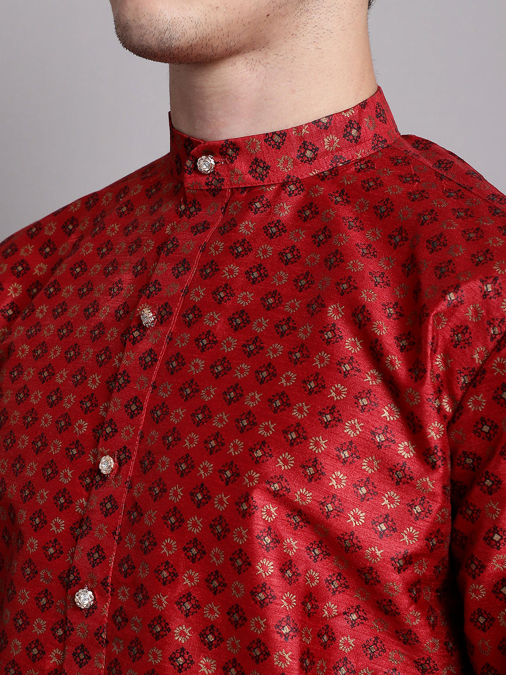 Jompers Men's Maroon Printed Silk Blend Kurta Payjama