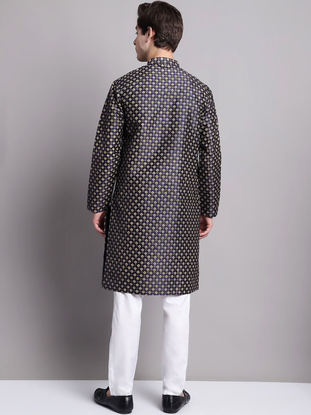 Jompers Men's Navy Blue Printed Silk Blend Kurta Payjama