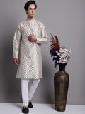 Jompers Men's Grey Printed Silk Blend Kurta Payjama