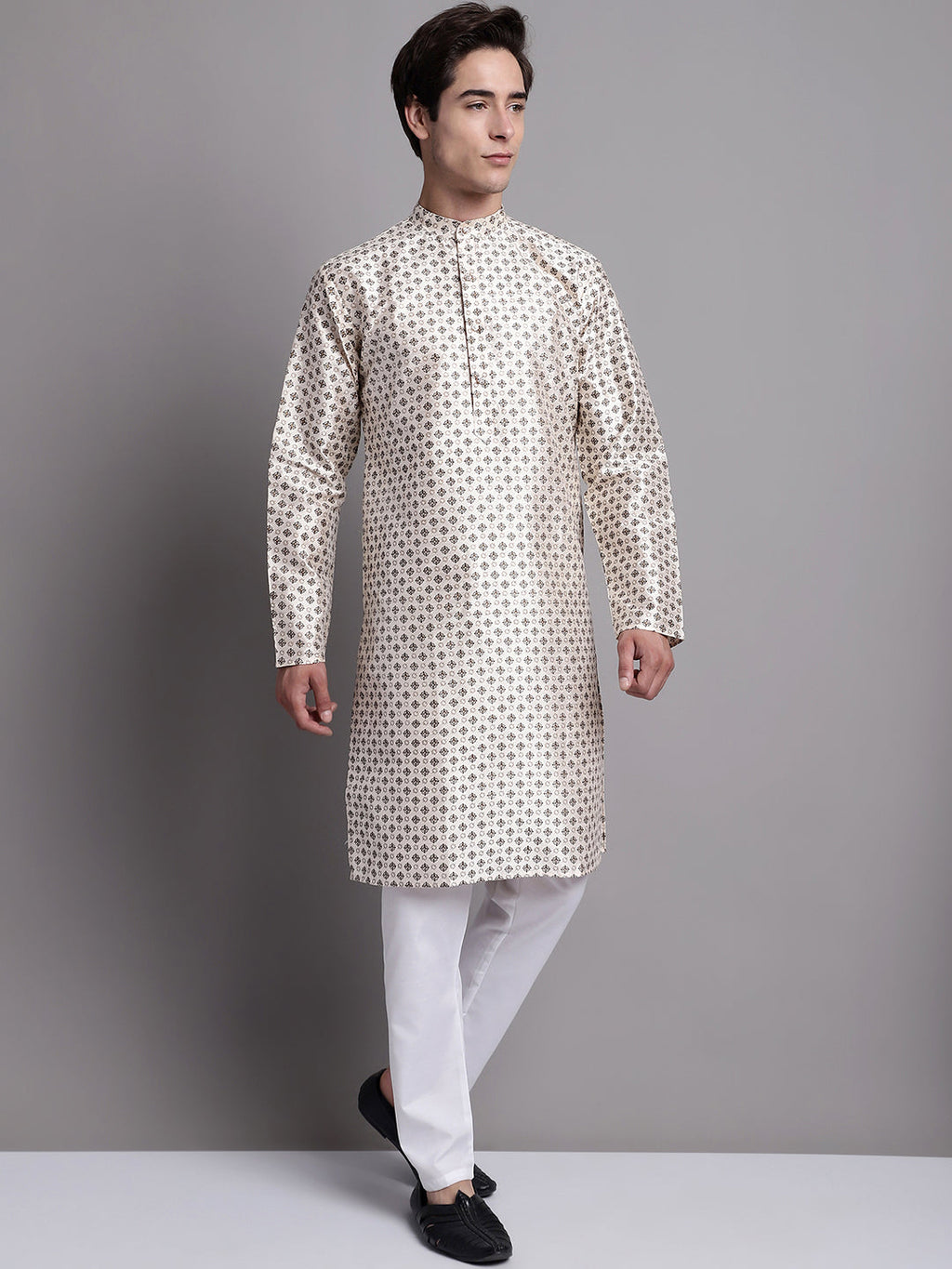 Jompers Men's Grey Printed Silk Blend Kurta Payjama