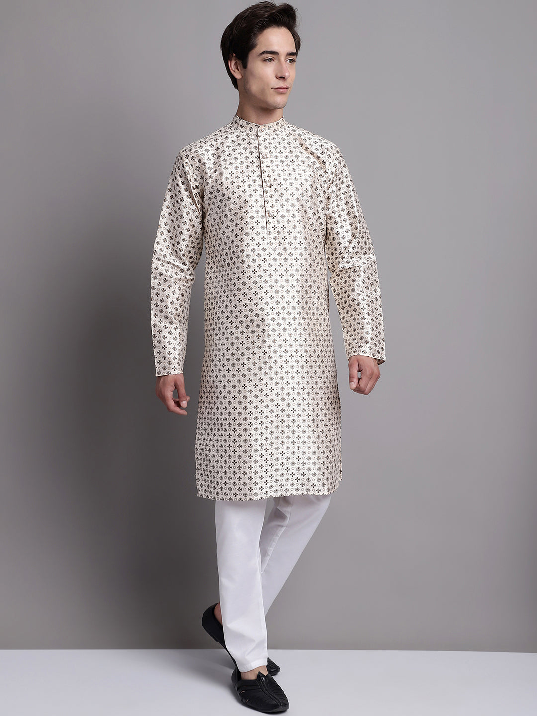 Jompers Men's Grey Printed Silk Blend Kurta Payjama