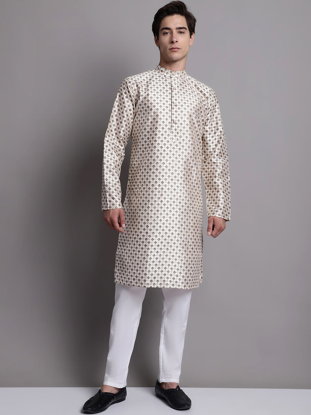 Jompers Men's Grey Printed Silk Blend Kurta Payjama