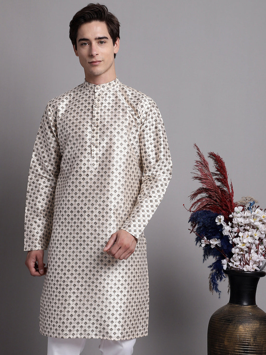 Jompers Men's Grey Printed Silk Blend Kurta Payjama