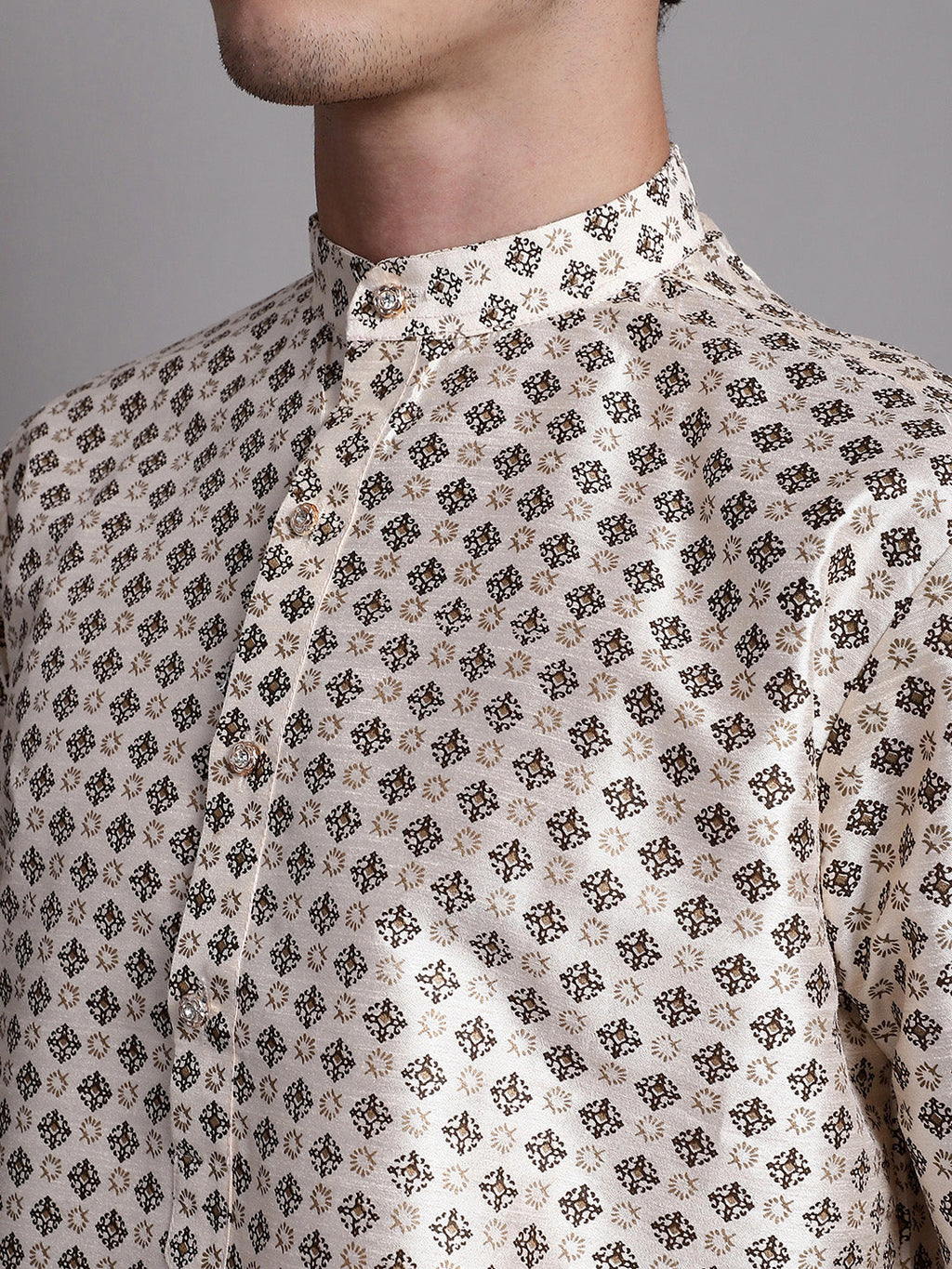 Jompers Men's Grey Printed Silk Blend Kurta Payjama