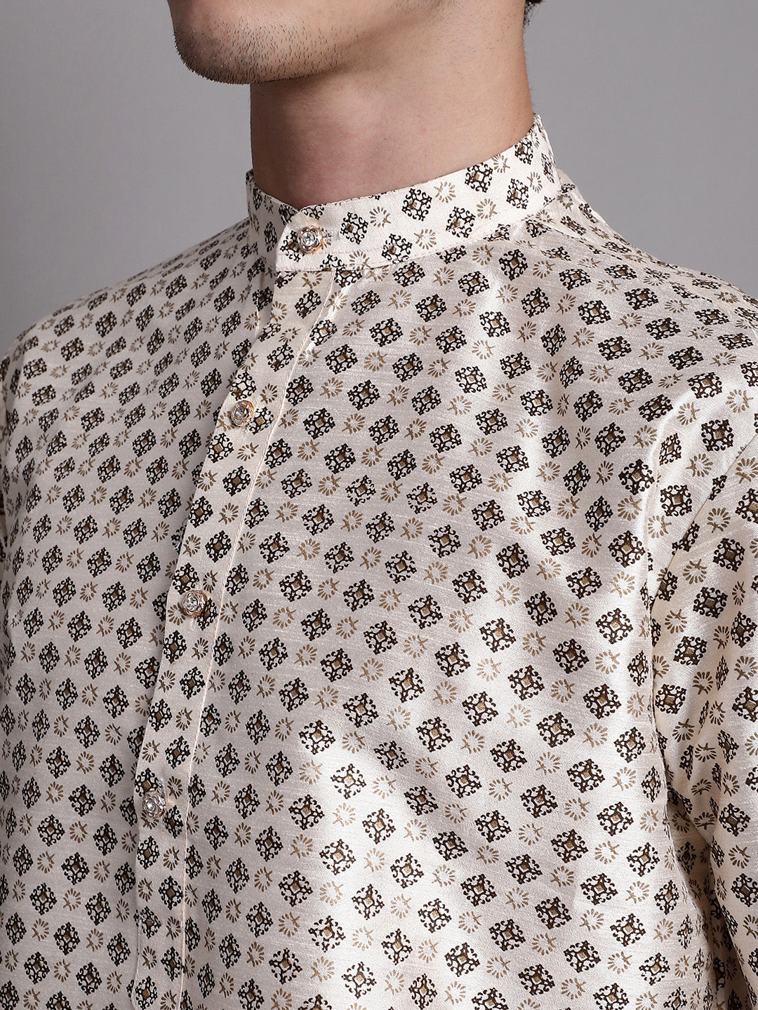 Jompers Men's Grey Printed Silk Blend Kurta Payjama