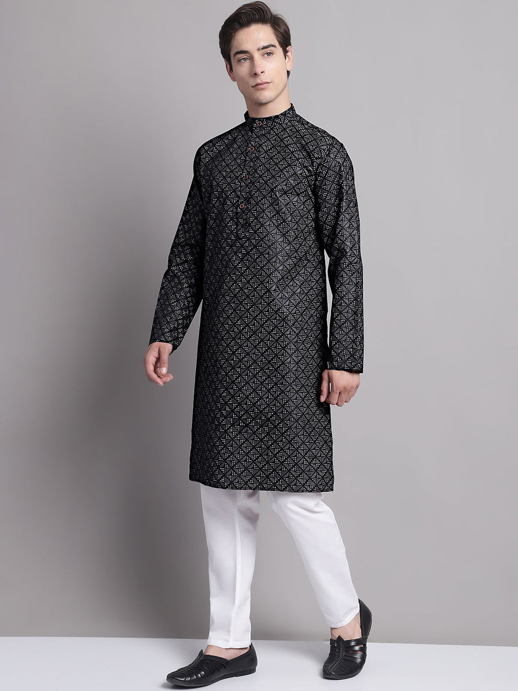 Jompers Men's Black Printed Pure Cotton Kurta Payjama Set