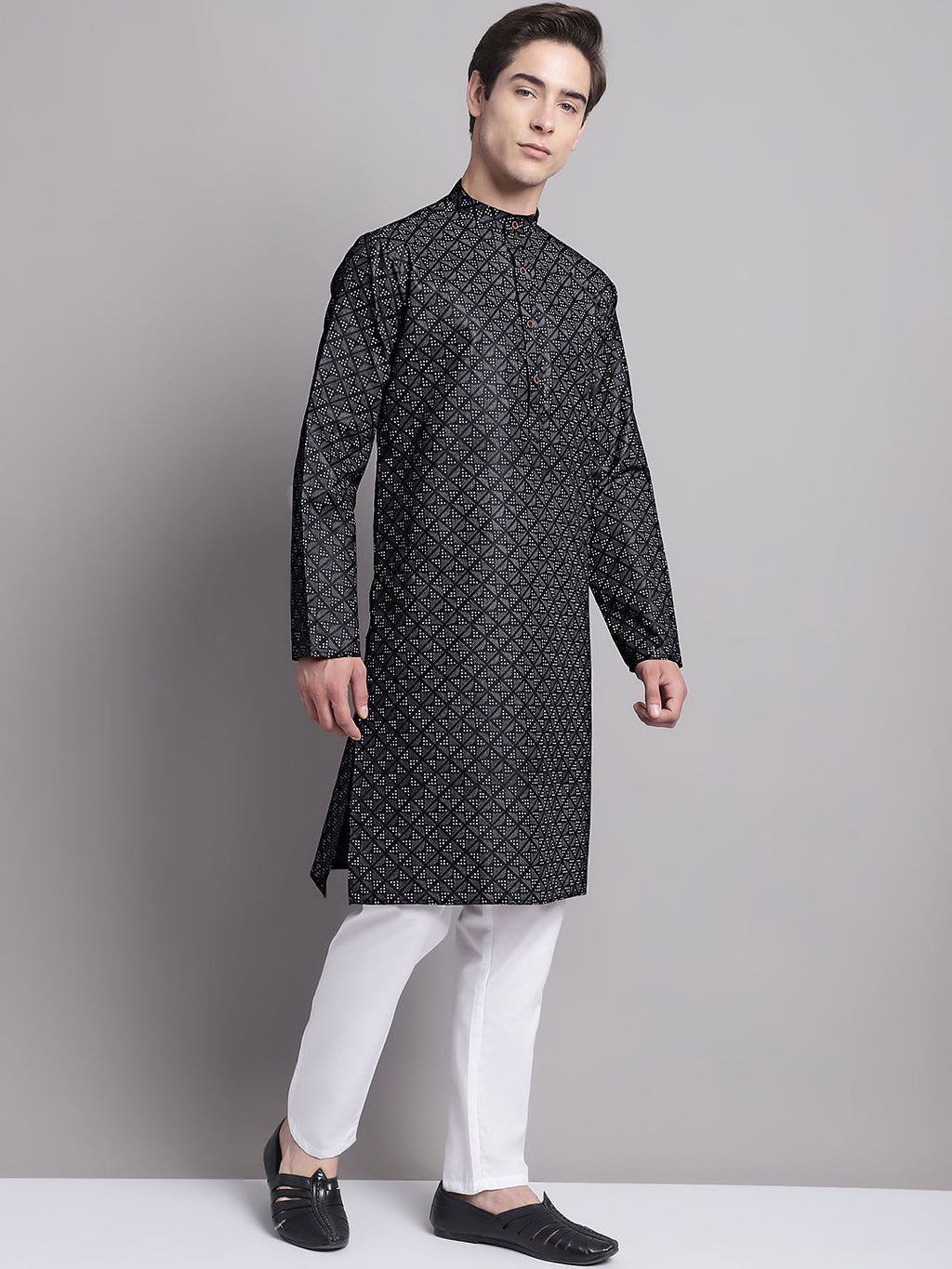 Jompers Men's Black Printed Pure Cotton Kurta Payjama Set