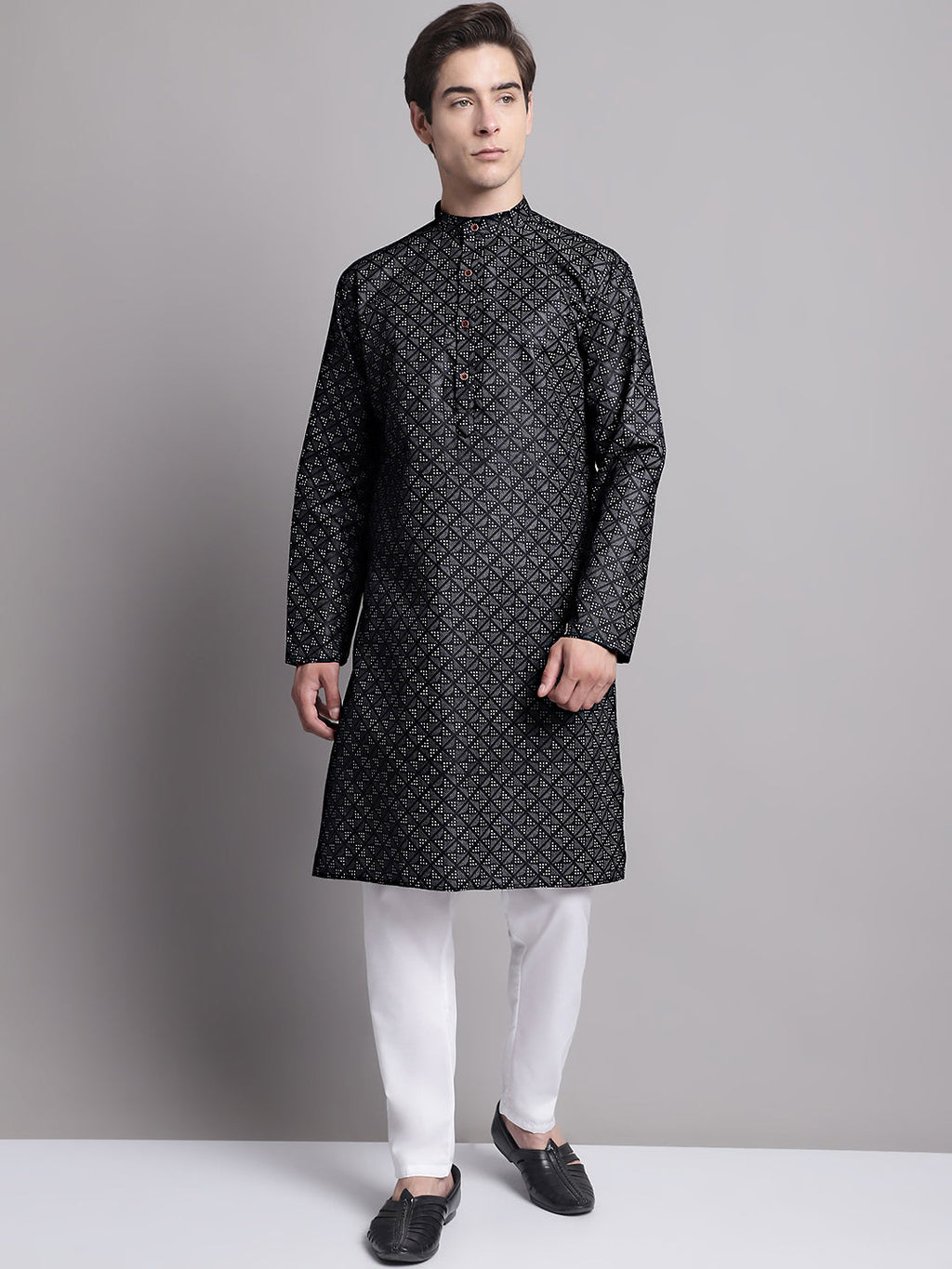 Jompers Men's Black Printed Pure Cotton Kurta Payjama Set