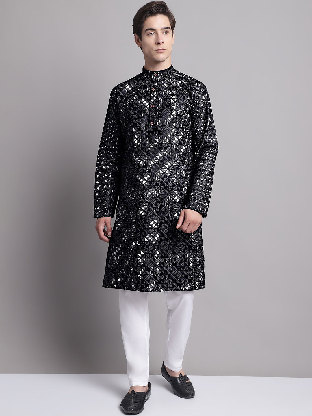 Jompers Men's Black Printed Pure Cotton Kurta Payjama Set