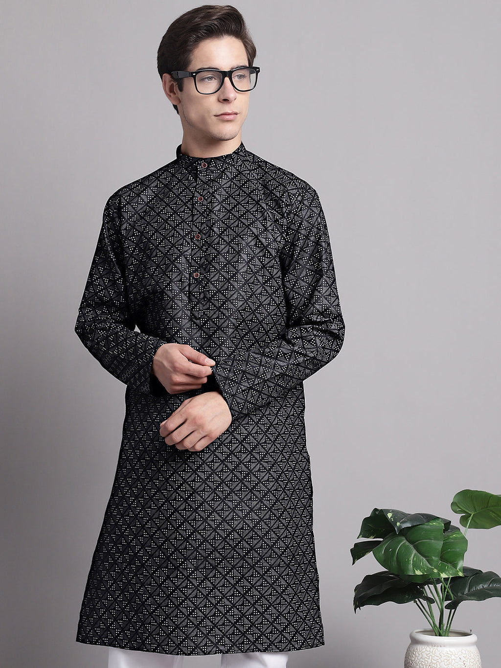Jompers Men's Black Printed Pure Cotton Kurta Payjama Set