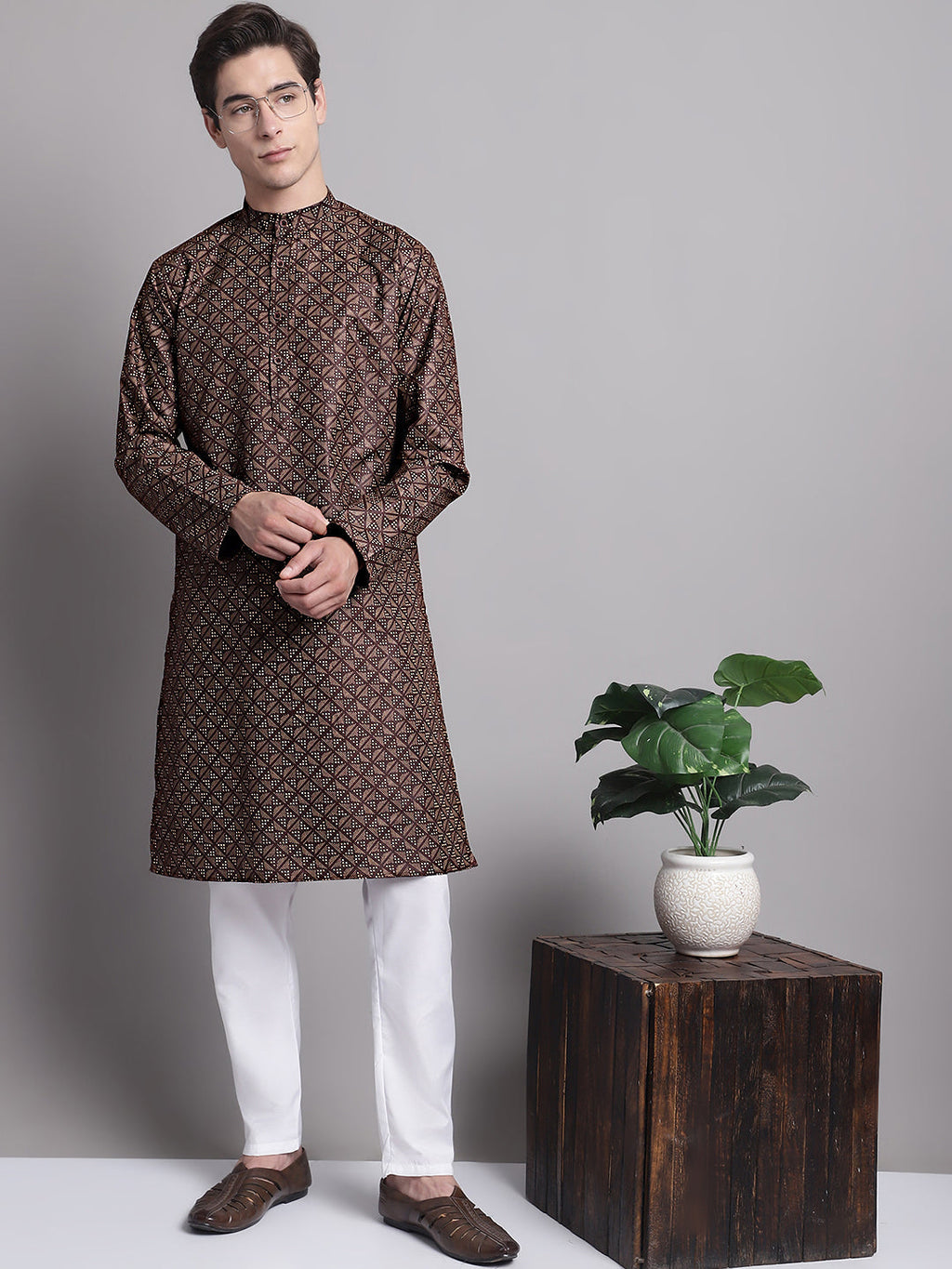 Jompers Men's Coffee Brown Printed Pure Cotton Kurta Payjama Set