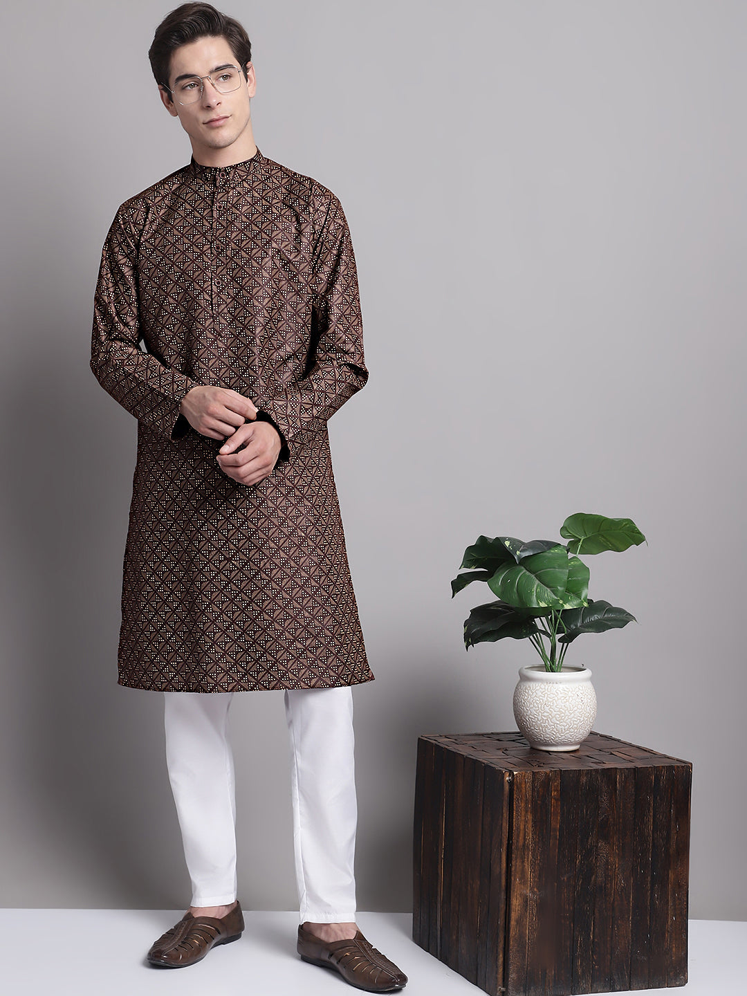 Jompers Men's Coffee Brown Printed Pure Cotton Kurta Payjama Set
