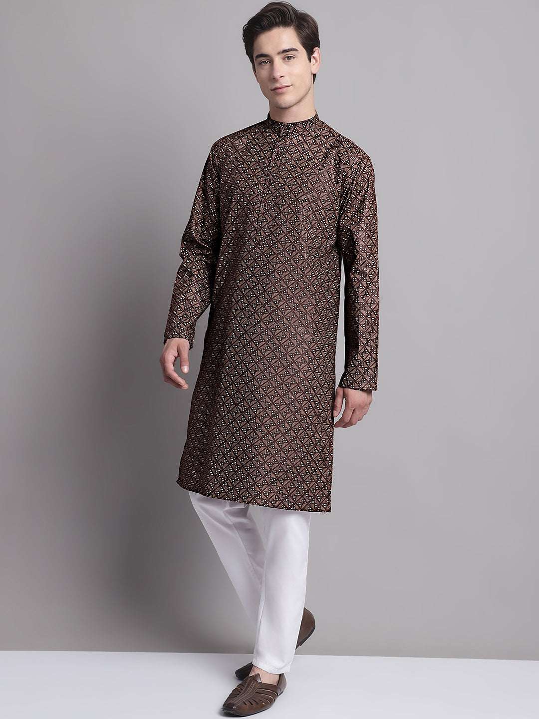 Jompers Men's Coffee Brown Printed Pure Cotton Kurta Payjama Set