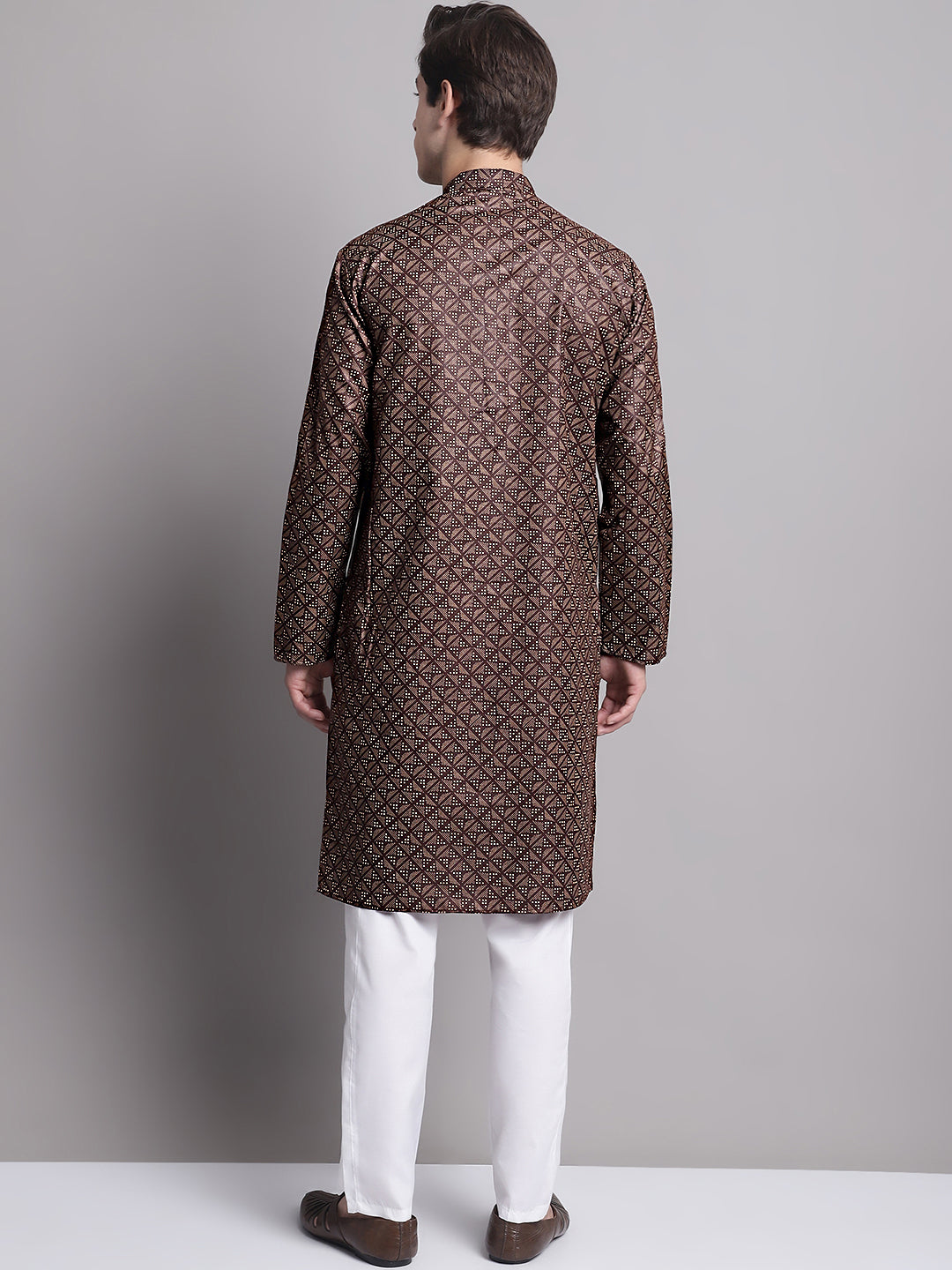 Jompers Men's Coffee Brown Printed Pure Cotton Kurta Payjama Set