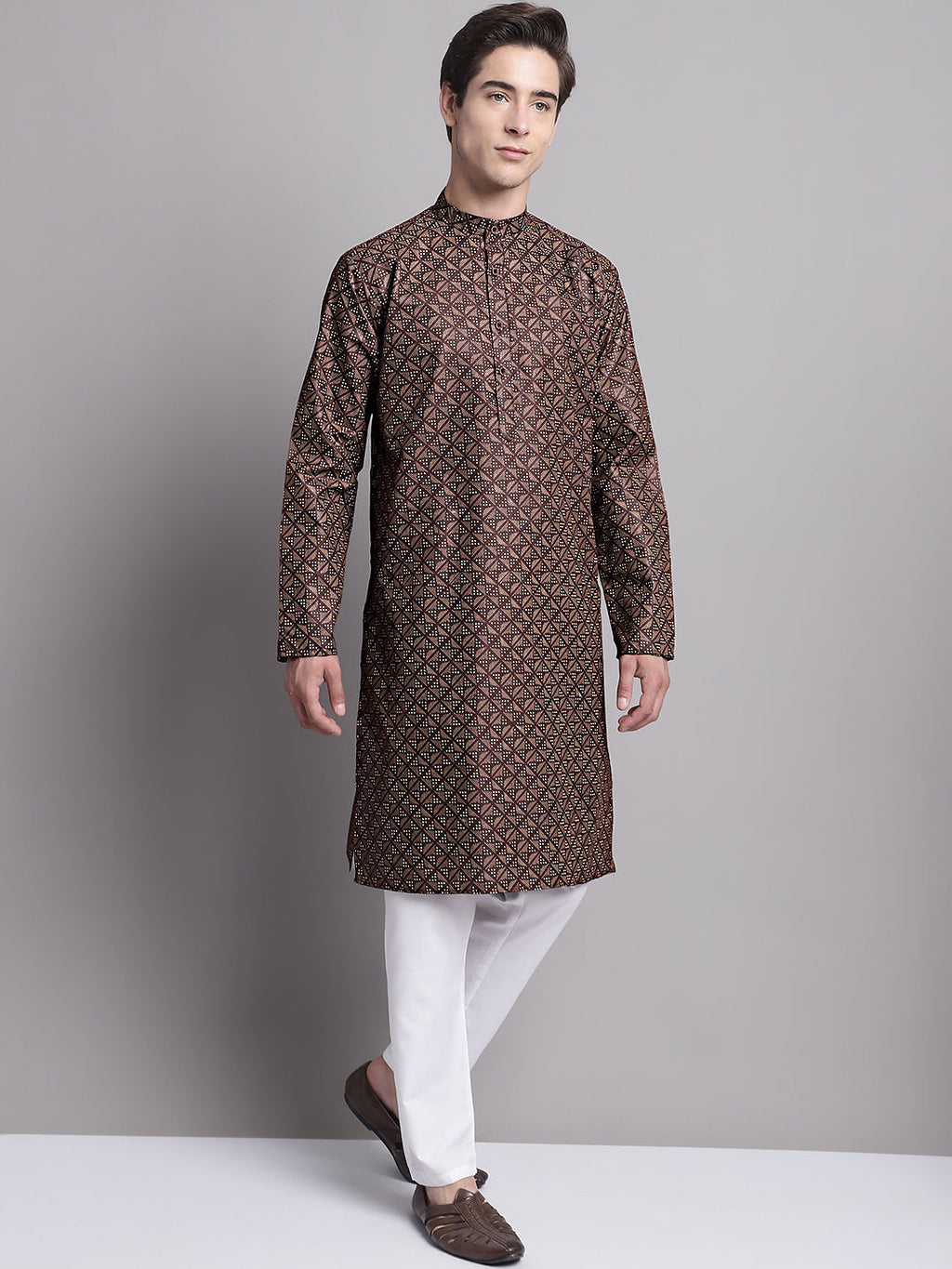 Jompers Men's Coffee Brown Printed Pure Cotton Kurta Payjama Set