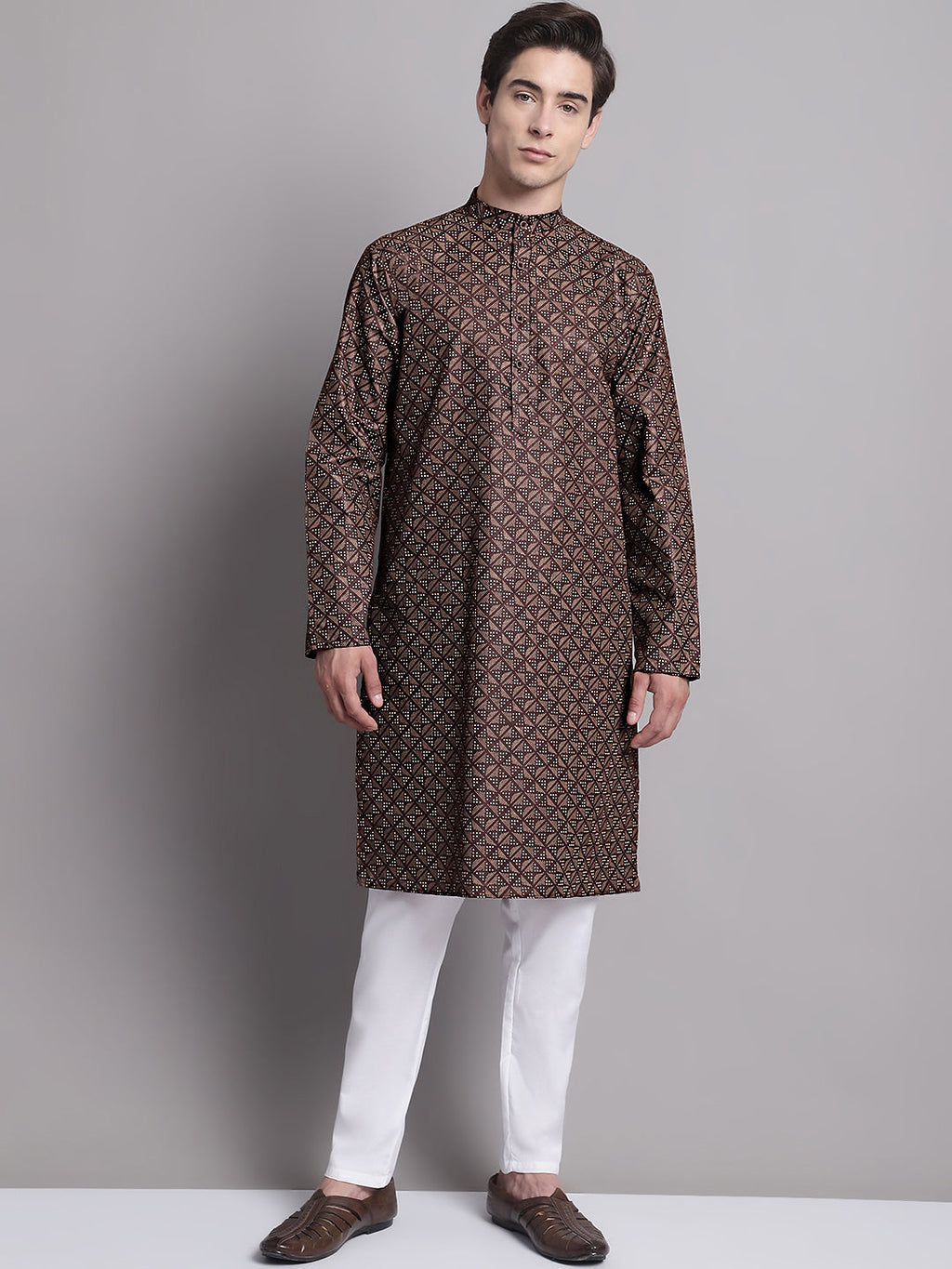 Jompers Men's Coffee Brown Printed Pure Cotton Kurta Payjama Set