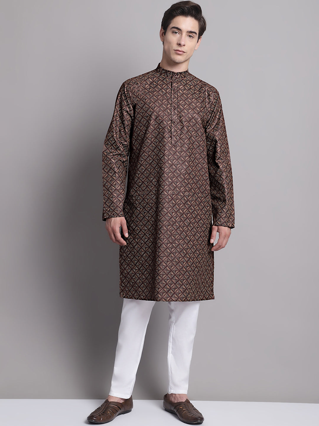 Jompers Men's Coffee Brown Printed Pure Cotton Kurta Payjama Set
