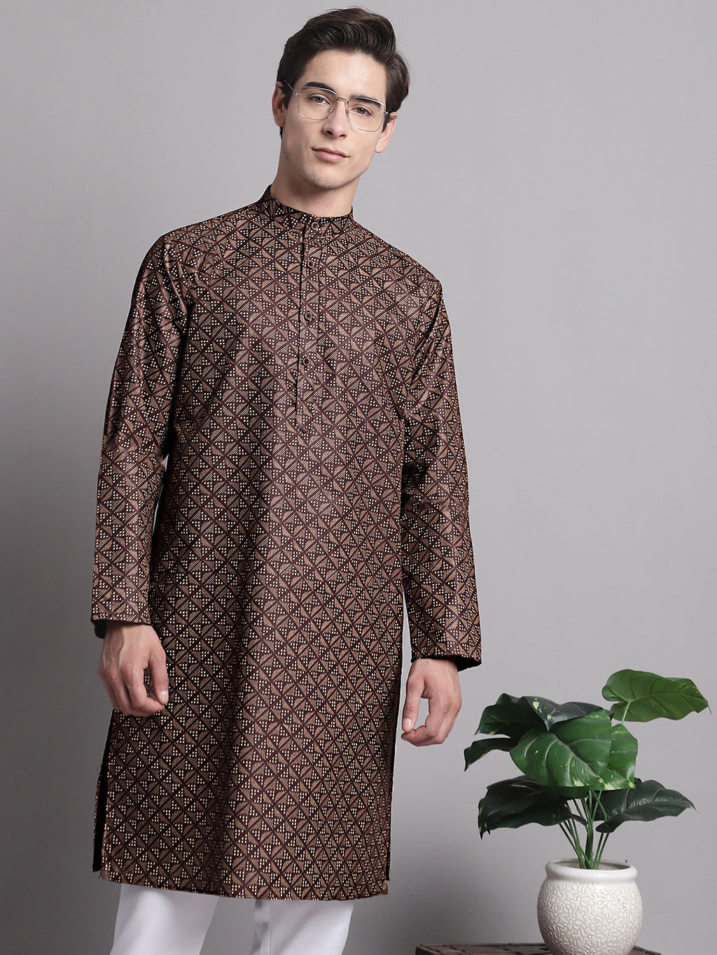 Jompers Men's Coffee Brown Printed Pure Cotton Kurta Payjama Set