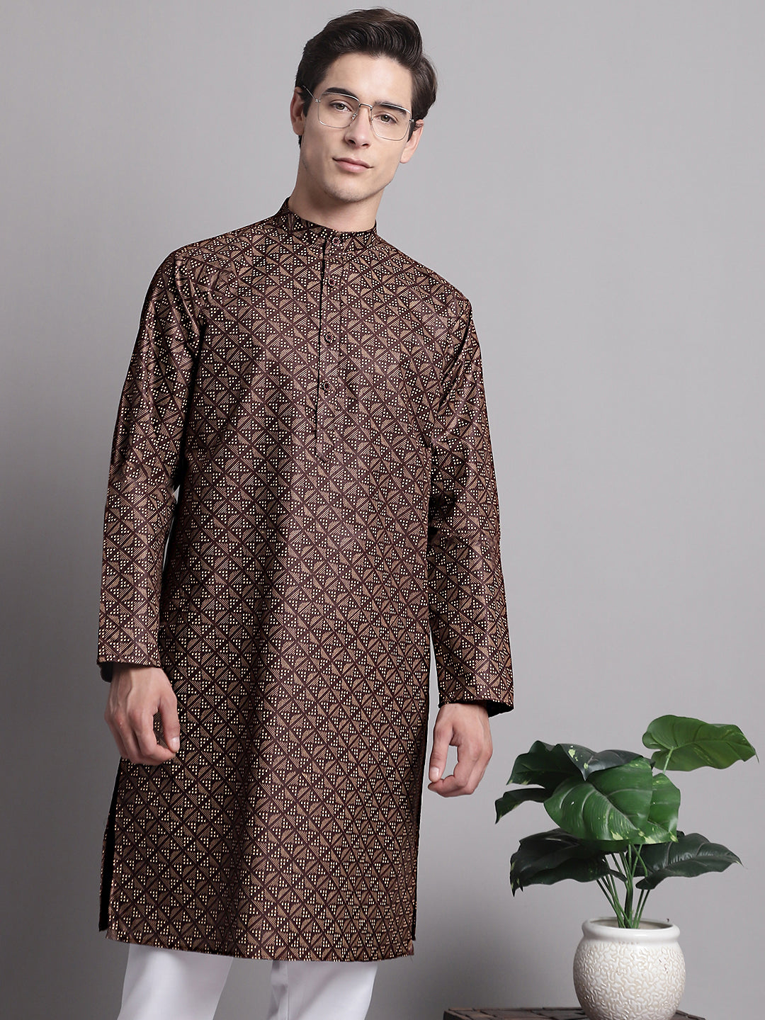 Jompers Men's Coffee Brown Printed Pure Cotton Kurta Payjama Set