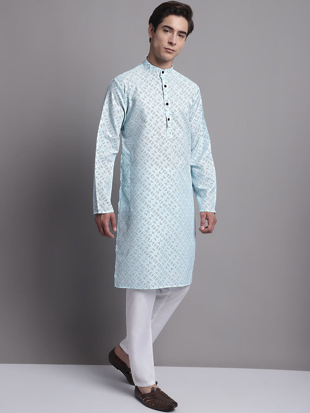 Jompers Men's Sky Blue Printed Pure Cotton Kurta Payjama Set