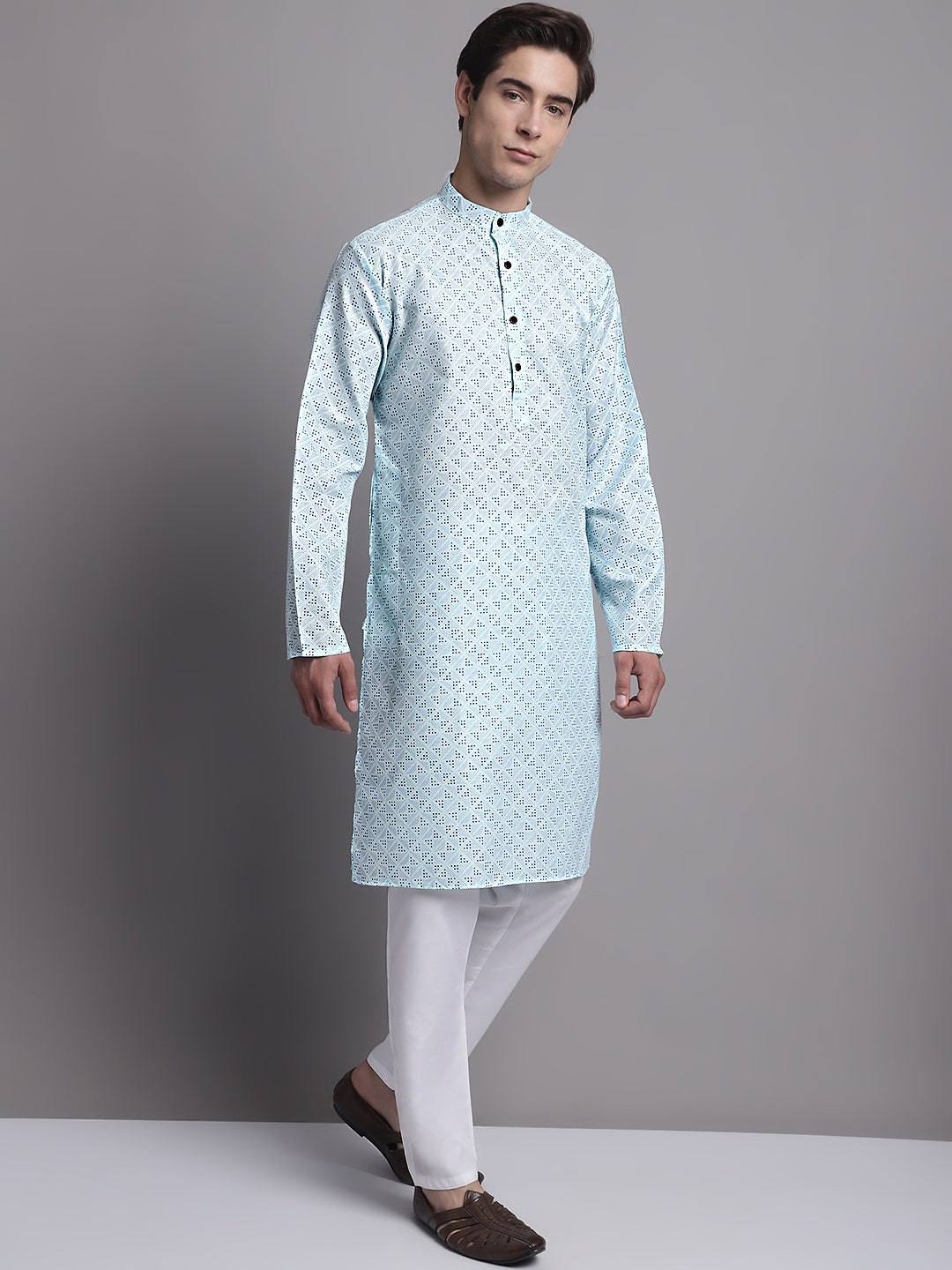 Jompers Men's Sky Blue Printed Pure Cotton Kurta Payjama Set